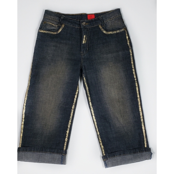 V Cristina Gold Painted Denim Cropped Pants P8 - Picture 6 of 8